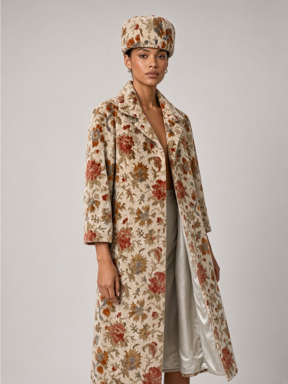 Vintage Floral Textured Beige Long Coat & matching hat with Rust & Gold Accents